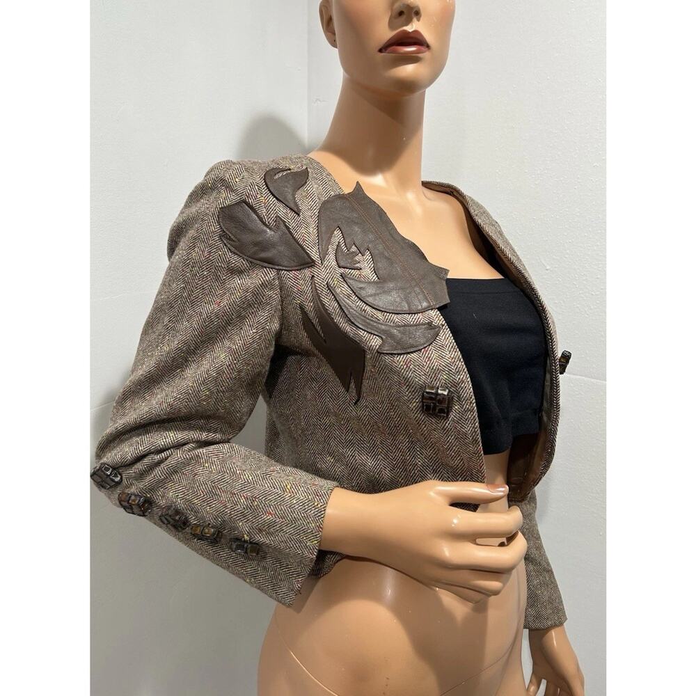 Ela Vintage Blazer Leather Work Tweed Unique Glass Buttons Cropped Size Small